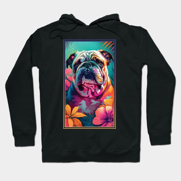 Bulldog Vibrant Tropical Flower Tall Digital Oil Painting Portrait 2 Hoodie by ArtHouseFlunky